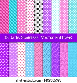 Seamless vector patterns in lol doll surprise style. Endless background with hearts, stripes and polka dots. Decor for children's birthday, girls party, gift wrapping