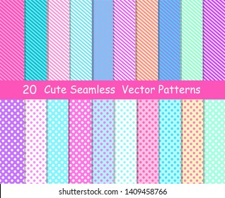 Seamless vector patterns in lol doll surprise style. Endless backgrounds with stripes and polka dots. Decor for children's birthday, girls party, gift wrapping
