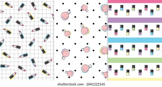 Seamless vector patterns of make up tools such as lipstick, blusher, mascara, perfume, foundation, highlighter, nail polish and other women accessories