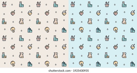 Seamless vector patterns of milk icons. Milk background, color icons, background of farm products. Cartoon pattern. A pattern for packaging dairy products.