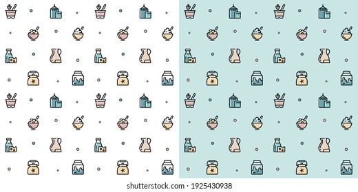 Seamless vector patterns of milk icons. Milk background, color icons, background of farm products. Cartoon pattern. A pattern for packaging dairy products.