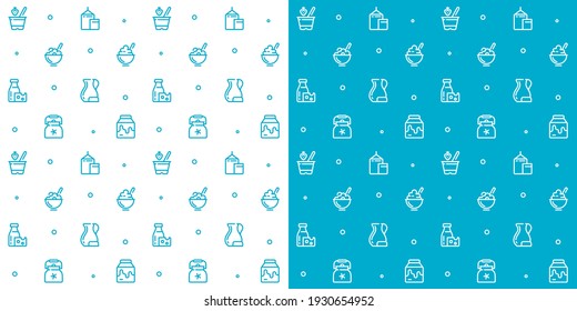 Nahtlose Vektormuster der Milchsymbole. Milchhintergrund, einfarbige Symbole, Hintergrund von Agrarprodukten. Cartoon-Muster. Muster für die Verpackung von Milcherzeugnissen. Jogurt, Bio-Produkte.