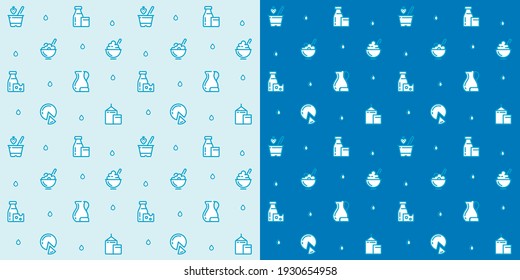 Seamless vector patterns of milk icons. Milk background, monochrome icons, background of farm products. Cartoon pattern. Template for packaging dairy products. Yogurt, organic products.