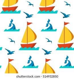 Seamless vector patterns with nautical elements wave collection paper