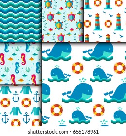 Seamless vector patterns with nautical elements wave marine collection paper sea background