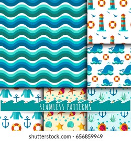 Seamless vector patterns with nautical elements wave marine collection paper sea background