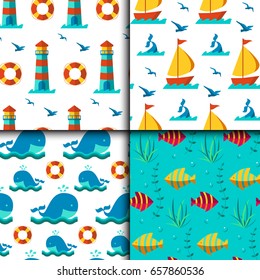 Seamless vector patterns with nautical elements wave marine collection paper sea background