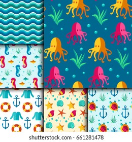Seamless vector patterns with nautical elements wave marine collection paper sea background