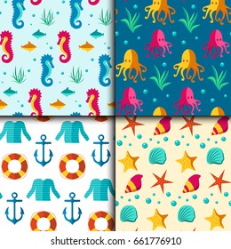 Seamless vector patterns with nautical elements wave marine collection paper sea background