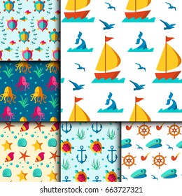 Seamless vector patterns with nautical elements wave marine collection paper sea background