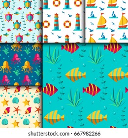 Seamless vector patterns with nautical elements wave marine collection paper sea background