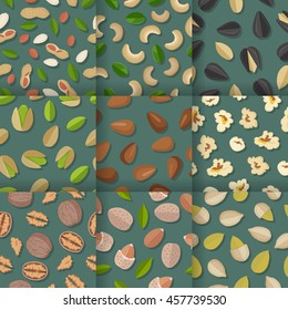 Seamless vector patterns with nuts and seeds. Flat design. Traditional snacks. Ornament for wallpapers, polygraphy, textiles, web page design, surface textures. Isolated on colored background.