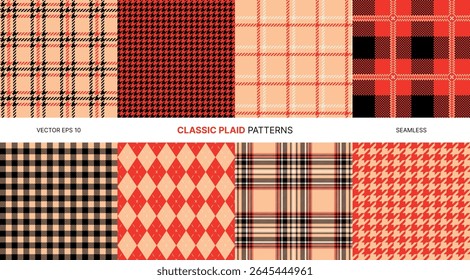 Seamless vector patterns pack with red beige plaid textures including gingham, houndstooth, argyle, tartan, checkered styles, fabric, textile, wrapping, clothing, retro design, backgrounds, decoration