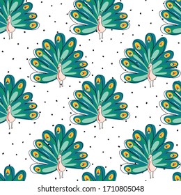 Seamless vector patterns Peacock. Colorful exotic Birds on black and white spotted background. Repeating design for wrapping paper, fabric, wallpaper, home decor.