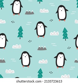 Seamless vector patterns penguin with pine trees Used for cloth, fashion, textiles