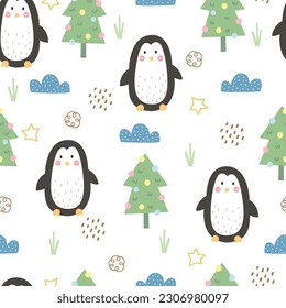 Seamless vector patterns penguin with pine trees. design used for fabric, newborn apparel, textiles, and wallpaper. vector illustrations