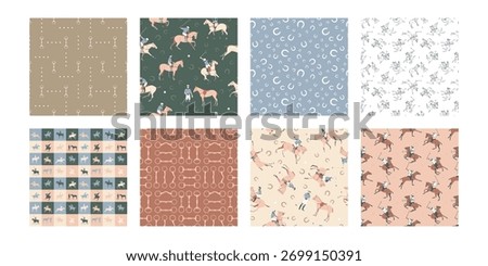 Seamless vector patterns with polo players, horse tack, horseshoes and equestrian gear