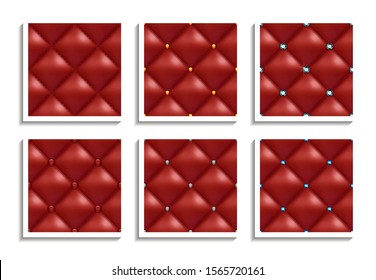 Seamless vector patterns of red leather upholstery with gold, silver, diamond buttons. Luxury textures of vintage furniture