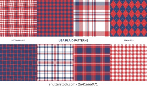 Seamless vector patterns in red white blue USA plaid argyle checkered fabric styles perfect for patriotic designs Fourth of July backgrounds textile prints American fashion decorations digital use