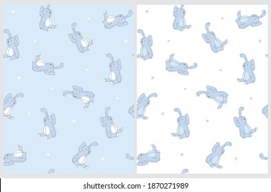 Seamless Vector Patterns Set with Cute Hand Drawn Bunny Toy. Funny Repeatable Print with Blue Rabbits and Stars Isolated on a White and Light Blue Background. Nursery Fabric. 