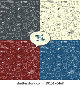 Seamless vector patterns set with doodle style line elements and symbols, speech bubbles, frames, phrases, etc.