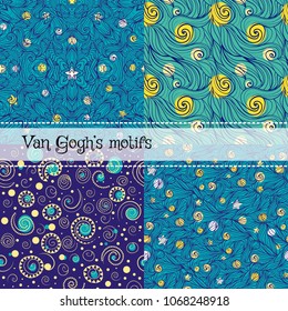 Seamless vector patterns set in Van Gogh's style. Night sky with stars