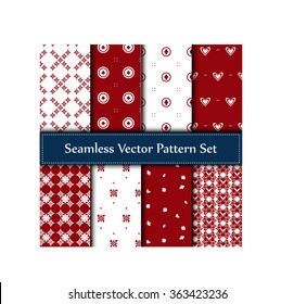 Seamless Vector patterns set. Patterns in white and red colours. Patterns set of playing cards.