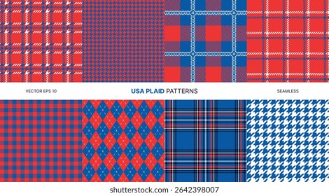 Seamless vector patterns showcasing red blue white USA themed plaid designs in tartan houndstooth argyle check for patriotic events crafts textiles Fourth of July celebrations American style projects