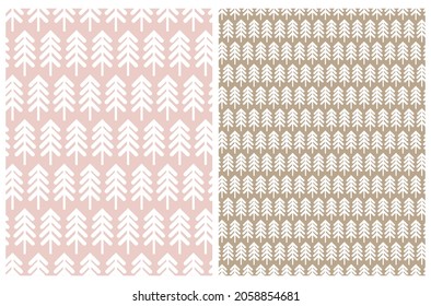 Seamless Vector Patterns with Simple White Pine Trees on a Light Brown and Pastel Pink Background. Fuuny Print with Hand Drawn Christmas Tress ideal for Fabric, Textile, Wrapping Paper.