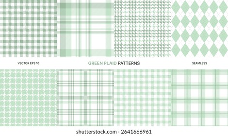 Seamless vector patterns with soft green plaid tartan checkered houndstooth argyle backgrounds, vintage woven geometric textile design ideal for fabric wrapping digital projects or decor