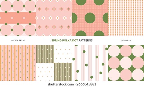 Padrões de vetor sem costura com pontos de polca de primavera, fundo decorativo floral pastel verde rosa, layout têxtil retro abstrato, design geométrico moderno para empacotamento, papel de parede, impressão de superfície