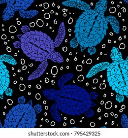 Seamless vector patterns with turtles. Silhouette. Animal world under water. Ocean. Hand drawn illustration.