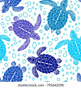 Seamless vector patterns with turtles. Silhouette. Animal world under water. Ocean. Hand drawn illustration.