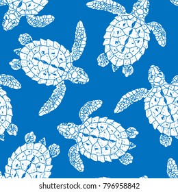 Seamless vector patterns with turtles. Silhouette. Animal world under water. Ocean. Hand drawn illustration.