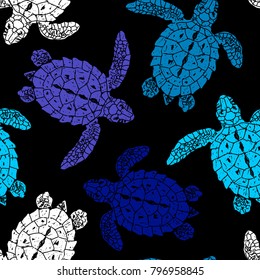 Seamless vector patterns with turtles. Silhouette. Animal world under water. Ocean. Hand drawn illustration.
