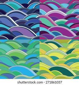 Seamless vector patterns with waves: blue, pink, yellow, green. 4 variants of abstract background. eps 10
