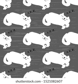 Seamless vector patterns with white cats sleeping on a gray background. Illustration of a textured check. Children's cover, packaging and wrapping background.