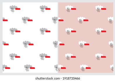 Seamless Vector Patterns with White, Gray and Red Clouds on a Pastel Pink and White Background. Irregular Hand Drawn Simple Cloudy Sky Print ideal for Fabric, Textile. Baby Shower Template.