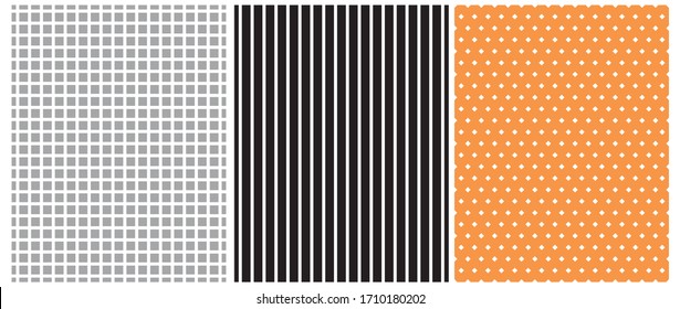 Seamless Vector Patterns with White Grid, Diamonds and Stripes Isolated on a Light Gray, Black and Orange Background.Simple Geometric Repeatable Design. Simple Checkered Print.Black-White Striped Art.