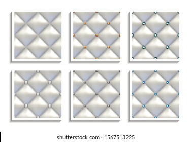 Seamless vector patterns of white leather upholstery with gold, gray, silver, diamond buttons. Luxury textures of vintage furniture