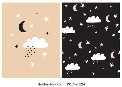 Patrones vectoriales impecables con estrellas blancas, nubes y luna en un fondo negro. Mano Irregular Dibujó Una Simple Impresión De Cielo De Noche Primaria. Ilustración imprimible con la luna y las estrellas en un cielo caramelo.