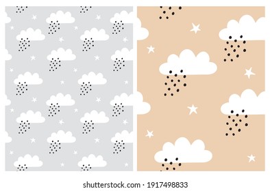 Seamless Vector Patterns with White Stars and Clouds on a Light Gray and Light Beige Background. Irregular Hand Drawn Simple Starry Night Sky Print ideal for Fabric, Textile. Caramel Sky Print.