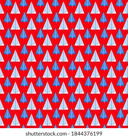 Seamless vector patterns with white-blue Christmas trees on a red background. Festive cover and wrapping background. Christmas illustration, artistic.