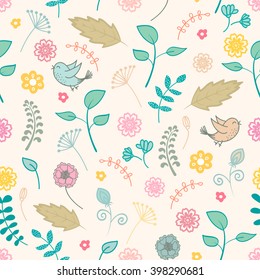 Seamless vector pattern.Seamless botanic texture, detailed flowers illustrations. Floral pattern in doodle style, spring floral background.