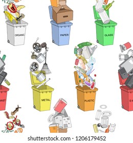 Seamless vector pattern.Trash cans with sorted garbage set. Different types of garbage: Organic, Plastic, Metal, Paper, Glass, E-waste. Concept of Recycles Day and ecology