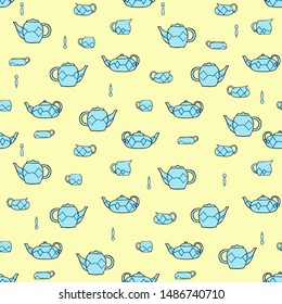 Seamless vector pattern.Utensils for tea.Teapots,cups,milk jugs,saucers, spoons.Dishes with abstract pattern.For design of fabric,Wallpaper, paper,packaging.Dishes in a simple Scandinavian style.