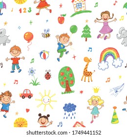 Seamless vector patttern with happy playing and jumping boys and girls and childrens drawing doodles