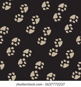 Seamless vector paw print pattern in neutral colors on dark background. Ideal for pet-themed designs, textiles, backgrounds, packaging, and digital projects. Clean, minimal, and versatile.