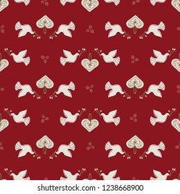 Seamless Vector Peaceful White Holiday Doves, Gingerbread Hearts, Berry Branches Green, Red + White. Great for Christmas, Valentine's Day, backgrounds, wallpaper, wrapping paper, crafts, fabric, etc.