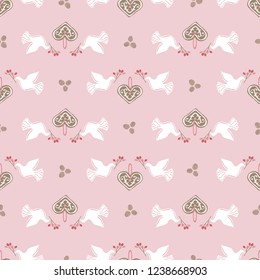 Seamless Vector Peaceful White Holiday Doves, Gingerbread Hearts, Berry Branches in Pink + White. Great for Christmas, Valentine's Day, backgrounds, wallpaper, wrapping paper, crafts, fabric, etc.